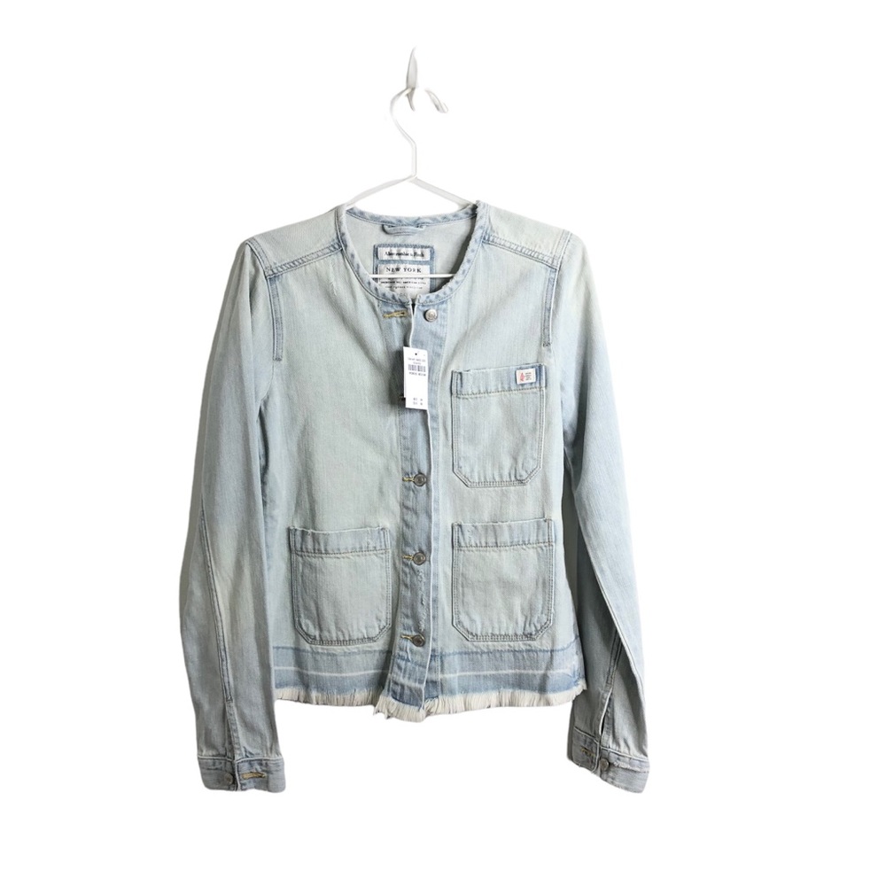 Abercrombie & Fitch Light Wash Fringe Raw Hem Denim Jean Jacket